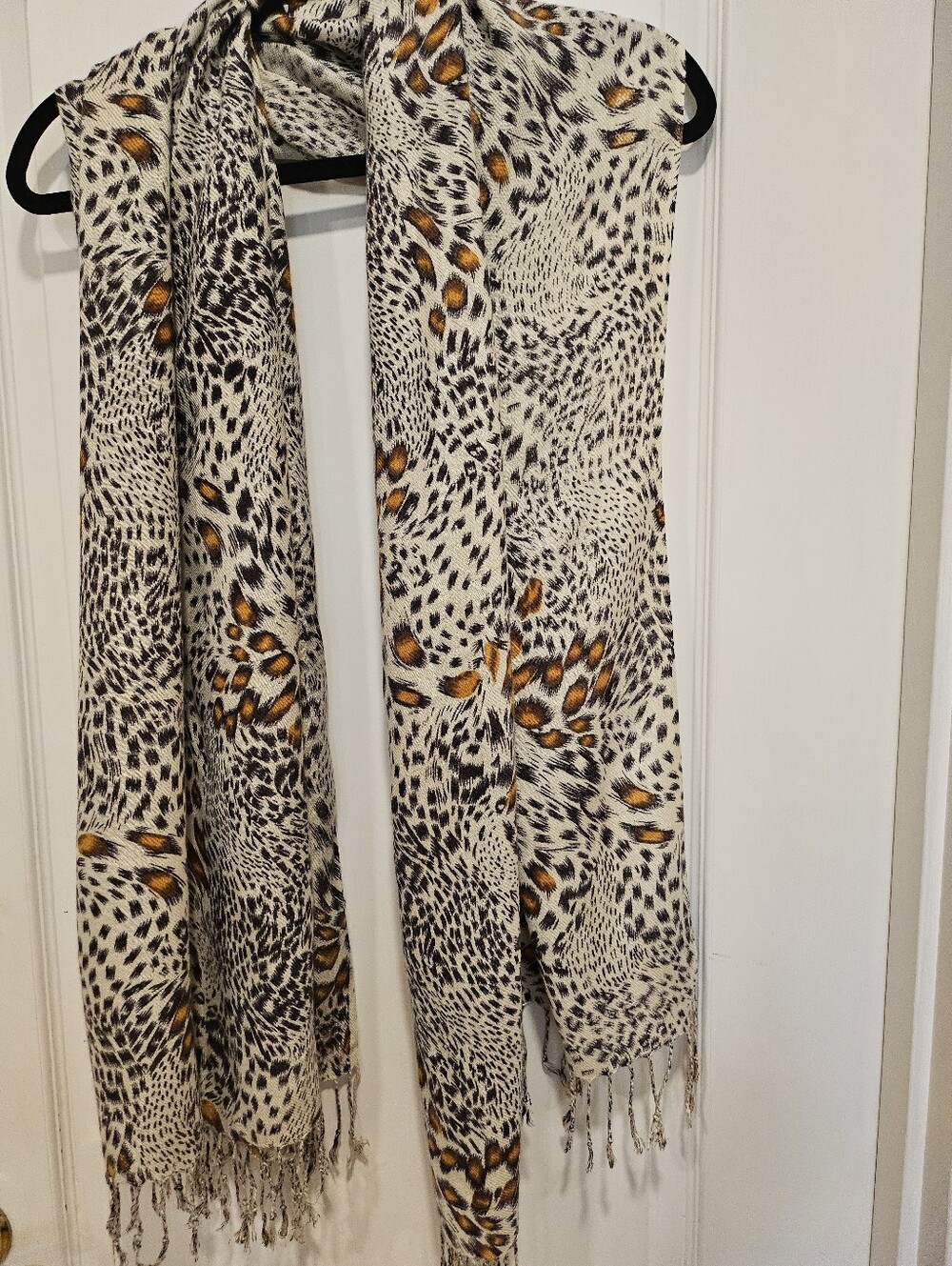 Leopard Print Fringe Scarf in Cream and Black with Amber Accents By Mix Nouveau